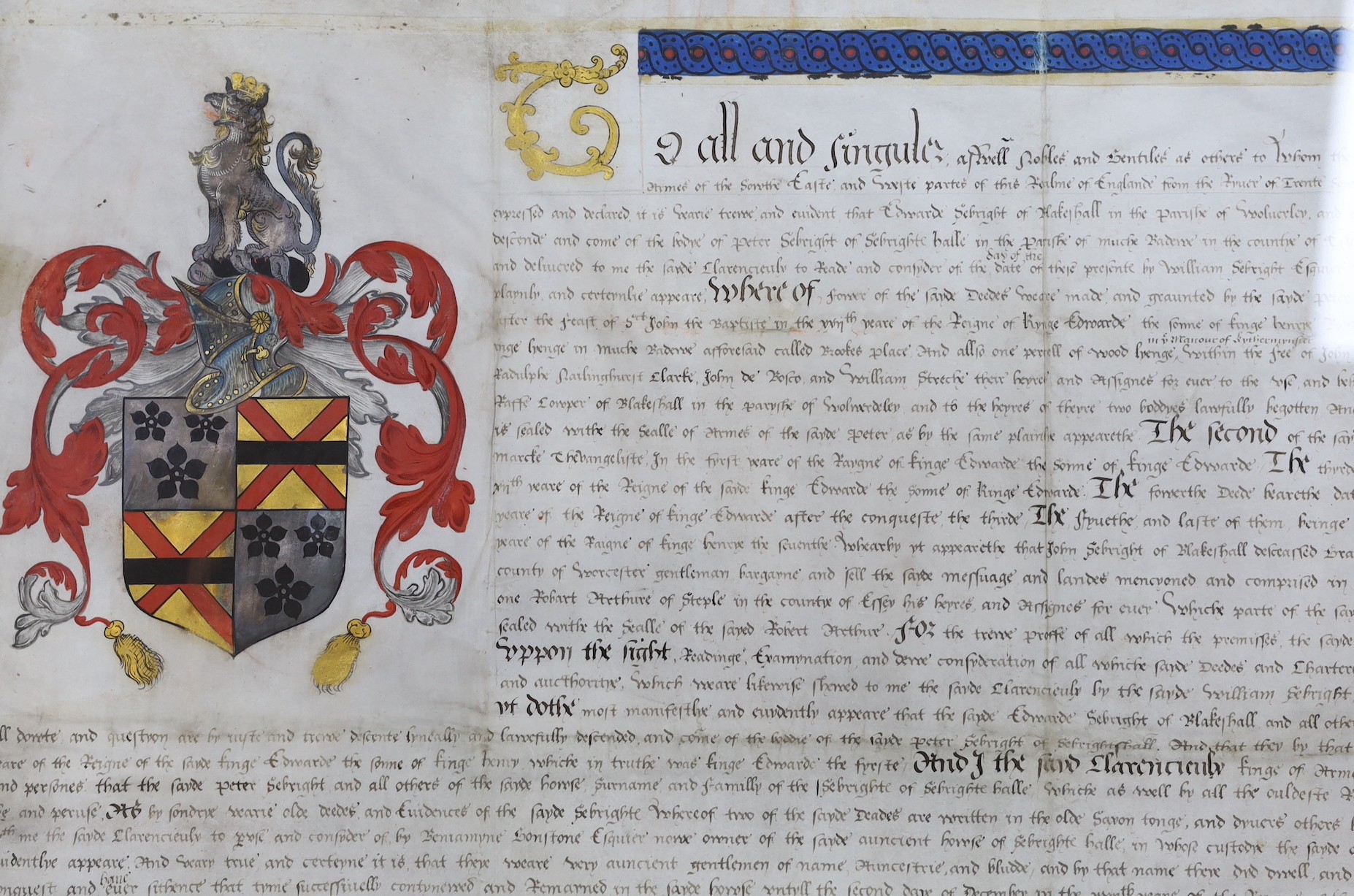 Two documents relating to a grant of arms to Edward Sebright of Blakeshall in Wolverley, Worcestershire, gentleman, April 1580